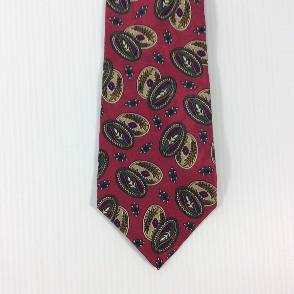Stonehenge Mens Tie 4 in W x L 56 Silk Burgundy Silver Green Purple Geometric - Picture 10 of 10